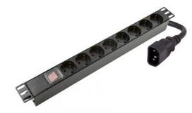 Maitinimo panelė 19\'\' spintai (8x220V Schuko, su jungikliu, IEC320 C14, plast. korpusas, 2 m kabelis)