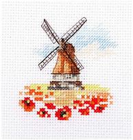 Siuvinėjimo komplektas „Malūnas aguonų lauke“ — Aida 14, 7×7 cm