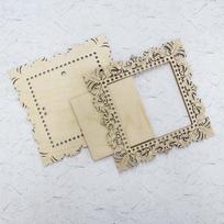 Elegantiškas fanerinis kvadratinis rėmelis su nėrinių motyvu siuviniams, 21×21 / 13×13 cm
