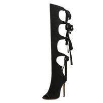 Fashion Liyke Summer Fashion Lace Up Thigh High Sandal Sexy Peep Toe Thin Heels Shoes Women Party Stripper Over The Knee Boots Sandalias 36 juoda
