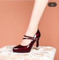 Fashion FHANCHU 2025 New Women Platform Pumps,High Heels,Patent Leather Bling Shoes,Ankle Buckle Strap,Pointed Toe,Black,Red,Dropship 35 vyno raudonos spalvos