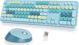 "SbocKeeb" belaidė klaviatūra ir pelė, 104 rašomosios mašinėlės dydžio klaviatūra su skaičių klaviatūra, amerikietiška QWERTY, 2,4 GHz, su retro apvaliais klavišais, skirta kompiuteriui, spalvinga mėlyna