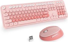 SOLIDEE belaidės klaviatūros ir pelės derinys, rašomosios mašinėlės klaviatūra su skaitmenine klaviatūra, 2,4 GHz apvali klaviatūra, 104 ergonomiški klavišai (amerikietiška QWERTY) (rausvas gradientas)