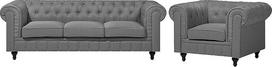 Svetainės kambario komplektas Sofa fotelis minkštas užvalkalas šviesiai pilkos spalvos "Chesterfield" didelis