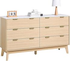VEVOR komoda su 6 briaunuotais stalčiais, stumdomomis ir atlenkiamomis apsaugomis, minimalistinė moderni stalčių spintelė (399 x 1372 x 813 mm), tinkanti svetainei, miegamajam, prieškambariui (šviesus medis)