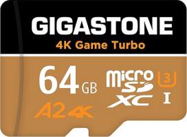 "Gigastone 4K Game Turbo" 64GB "MicroSDXC" atminties kortelė ir SD adapteris, A2 programų našumas, suderinama su "Nintendo Switch", skaitymo/rašymo 95/35MB/s, idealiai tinka 4K UHD vaizdo įrašams, "Micro SD UHS-I U3 Class 10