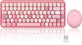 "Perixx Periduo-713" mini belaidė klaviatūra ir pelė USB 2,4 GHz retro suapvalintais klavišais pastelinės rožinės spalvos AZERTY