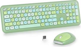 "SbocKeeb" belaidė klaviatūra ir pelė, retro spalvinga klaviatūra su tyliąja pele, amerikietiška QWERTY, mieloji belaidė rašomosios mašinėlės klaviatūra, pilno dydžio, USB 2,4 GHz, skirta kompiuteriui 666-žalios spalvos
