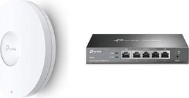 TP-Link EAP660 HD AX3600 Gigabit Dual-Band WiFi 6 WLAN prieigos taškas baltos spalvos ir ER605 5 prievadų Dual/Multiple WAN VPN maršrutizatorius (iki 4 Gigabit WAN prievadų, itin saugus VPN) juoda, idealiai tinka biuro tinklui