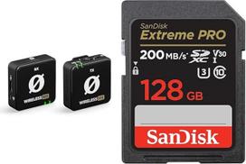 "RØDE Wireless ME TX" itin kompaktiška belaidžio mikrofono sistema ir "SanDisk Extreme PRO SDXC UHS-I" 128GB atminties kortelė