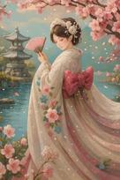Japoniška geiša prie sakuros – Tapyba pagal skaičius, 40×50 cm, be rėmelio