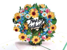 Išsiskleidžiantis 3D Pop-Up atvirukas gimtadieniui gėlių vainikas Happy Birthday, 15x15 cm, baltas vokas