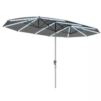 Outsunny dvigubas saulės skėtis su saulės LED lemputėmis 451x267 cm, aliuminis, UV 50+ apsauga, su rankena, balkono skėtis atsparus vėjui, turgavietės skėtis, apsauga nuo saulės paplūdimiui, balkonui, sodui, tamsiai pilkas