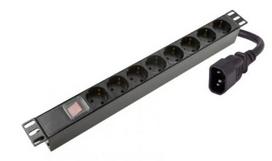 Maitinimo panelė 19'' spintai (8x220V Schuko, su jungikliu, IEC320 C14, plast. korpusas, 2 m kabelis)