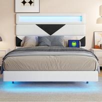 Lova 160×200 cm,su LED lempute ir USB įkrovimo prievadu, smėlio + juodos spalvos, Aksomas