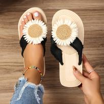 Women's Chrysanthemum Decor Flip Flops, Casual Slip Toe Slide Sandals, Lightweight Beach Shoes 36 juoda