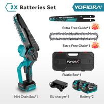 YOFIDRA 8 colių bešepetis elektrinis grandininis pjūklas be šepetėliu, įkraunamas medžio apdirbimo sodo genėjimo pjūklo įrankis, skirtas Makita 18V baterijai With 2 Battery EU Plug