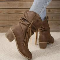 Fashion Women Vintage Brown Western Cowboy Boots Autumn Winter  Tassel PU Leather Ankle Booties Ladies Pleated High-heeled Mid-calf Boot 36