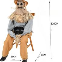 Helovino dekoracijos Animatroninis baisus sėdintis šiaudinis žmogus su šiurpiais garsais, šviečiančiomis akimis, rekvizitai, dekoras namų vakarėliui, vidiniam kiemeliui, sodui