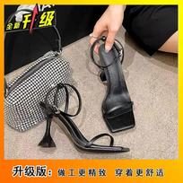 2025 summer new one-word strap high heels thick heel square head women's shoes aw black beautiful wine glass and high heel sandals 34