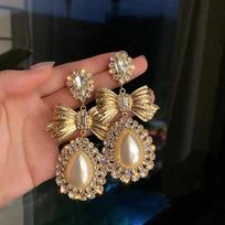 Vintage Gold Color Bowknot Crystal Earrings for Women Oversize Water Drop Pearl Dangle Earrings Statement Zircon brown