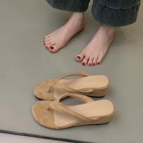 Small slope heel flip-flop shoes women wear in summer to increase height and thin yellow beautiful beach cool slippers women 35 chaki