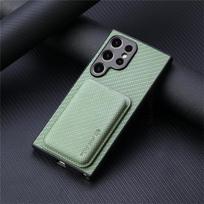 Carbon Fiber Leather Split Card Holder Phone Case For Samsung S25 Edge S24 Ultra For Magsafe Magnetic Cover For Galaxy S25 Plus S24 S23 Ultra Shell For Samsung S25 Edge žalia