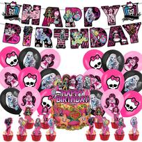 32 vnt. „Monster High“ vakarėlio reikmenys, įskaitant vėliavėlę, torto papuošimus, balionus