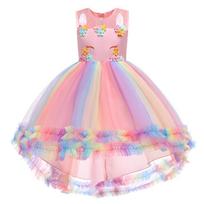 Vasaros vaivorykštės vienaragis vaikiška vakarėlio suknelė mergaitei Drabužiai Nėriniai Gimtadienio vestuviniai princesės suknelės vaikiški kostiumai Vestido 110CM rožinė