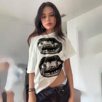 American Street Hip Hop Mouth Print Loose T-shirt Women Personalized Casual Top S balta
