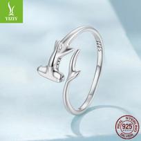 Šaltas Vėjas Ryklys Atviras Žiedas Vyrams Ir Moterims S925 Sterlingas Sidabro Ryklys Žiedas Papuošalas Opening adjustable white