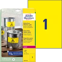 Lipnios etiketės Avery Zweckform, A4, atsparios drėgmei, 210x297mm, 1 etiketė lape, 20 lapų, geltonos spalvos