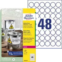 Apvalios lipnios etiketės Avery Zweckform, A4, atsparios drėgmei, 30mm, 48 etiketės lape, 20 lapų, baltos spalvos