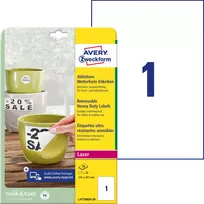 Lipnios etiketės Avery Zweckform, A4, atsparios drėgmei, 210x297mm, 1 etiketė lape, 20 lapų, baltos spalvos