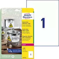 Lipnios etiketės Avery Zweckform A4, atsparios drėgmei, 210x297mm, 1 etiketė lape, 20 lapų, baltos spalvos