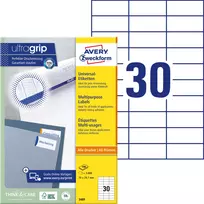 Lipnios etiketės Avery Zweckform, A4, 70x29,7mm, 30 etikečių lape, be rėmelio, 100 lapų, baltos spalvos