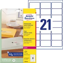 Skaidrios lipnios etiketės Avery Zweckform, A4, 63,5x38,1mm, 21 etiketės lape, 25 lapai