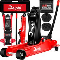 Žemo profilio hidraulinis keltuvas „Žaba“ Delphi Tools 2,5T su guminiais antgaliais, lagaminu ir ratukais manevringam naudojimui