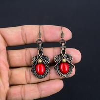 Red Coral Handmade Gemstone Earrings, 999 Copper Wire Wrapped Earrings Antique Jewelry, For Engagement Gift 1.77 Inches