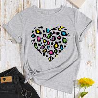 Heart Leopard Pattern Cotton T-Shirt Short Sleeve Round Neck Women 2d Print Tops 3XL oranžinė