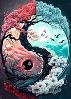 Tapyba pagal numerius 40x50 cm – Yin ir Yang medis su žydinčiomis sakurų šakomis, aukštos kokybės dažai, be rėmelio