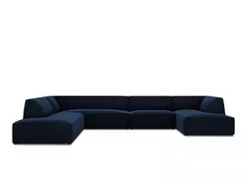 Velvet U formos kampinė sofa - kairė, Ruby, 7 sėdimos vietos, 366x273x69, karališkoji mėlyna