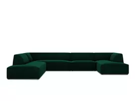 Velvet U formos kampinė sofa - kairė, Ruby, 7 sėdimos vietos, 366x273x69, butelio žalia