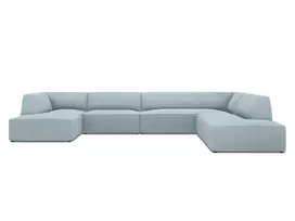 U formos kampinė sofa - dešinė, Ruby, 7 sėdimos vietos, 366x273x69, šviesiai mėlyna
