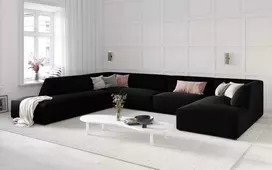 Velvet U formos kampinė sofa - kairė, Ruby, 7 sėdimos vietos, 366x273x69, juoda