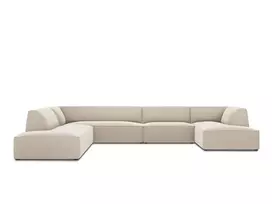 Velvet U formos kampinė sofa - kairė, Ruby, 7 sėdimos vietos, 366x273x69, smėlio spalvos