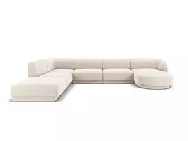 Velvet U formos kampinė sofa - kairė, Miley, 6 sėdimos vietos, 330x255x70, šviesiai smėlio spalvos
