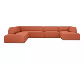U formos kampinė sofa - kairė, Ruby, 7 sėdimos vietos, 366x273x69, koralų spalvos