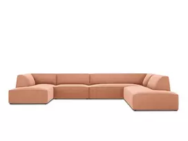Velvet U formos kampinė sofa - dešinė, Ruby, 7 sėdimos vietos, 366x273x69, rožinė