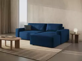 Velvet kampinė sofa - dešinė lova su patalynės dėže, Jodie, 3 sėdimos vietos, 246x151x86, karališkoji mėlyna